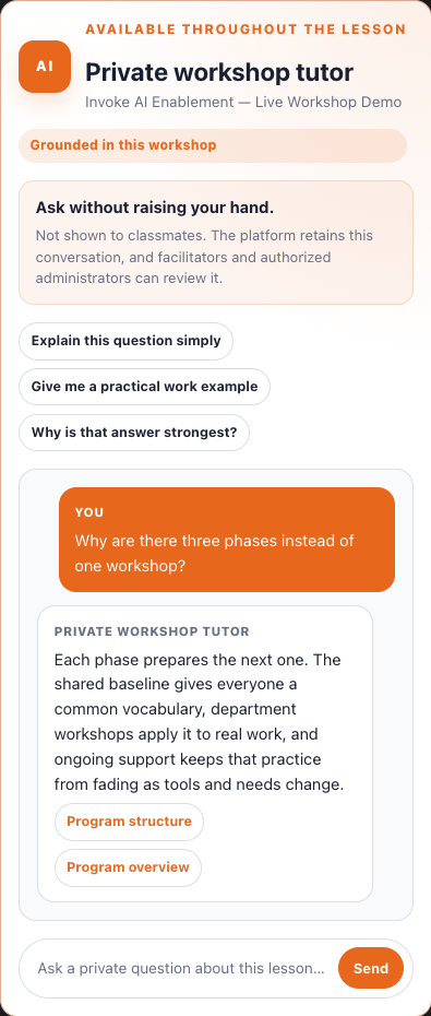 Synthetic private lesson tutor grounded in approved learning material
